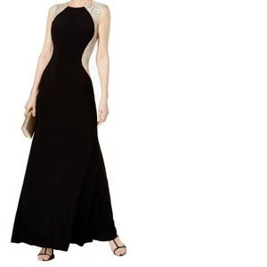 X by Xscape Women's Prom Wedding Dress Black Floral Lace Trim Colorblock Gown